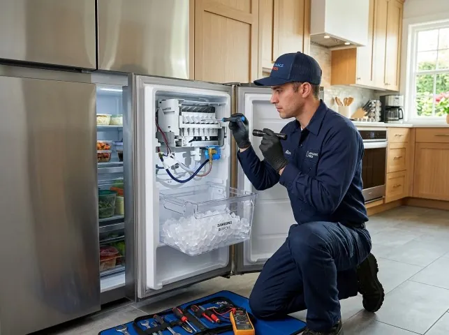 Appliance Repair Hero technician repairing a refrigerator ice maker in Andover, MN