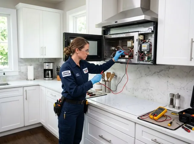 Appliance Repair Hero technician testing an over-the-range microwave in a Andover, MN kitchen