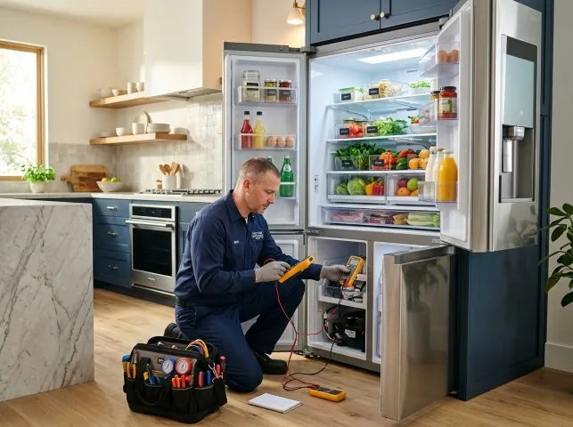 Appliance Repair Hero refrigerator technician testing a fridge on a Andover, MN service call